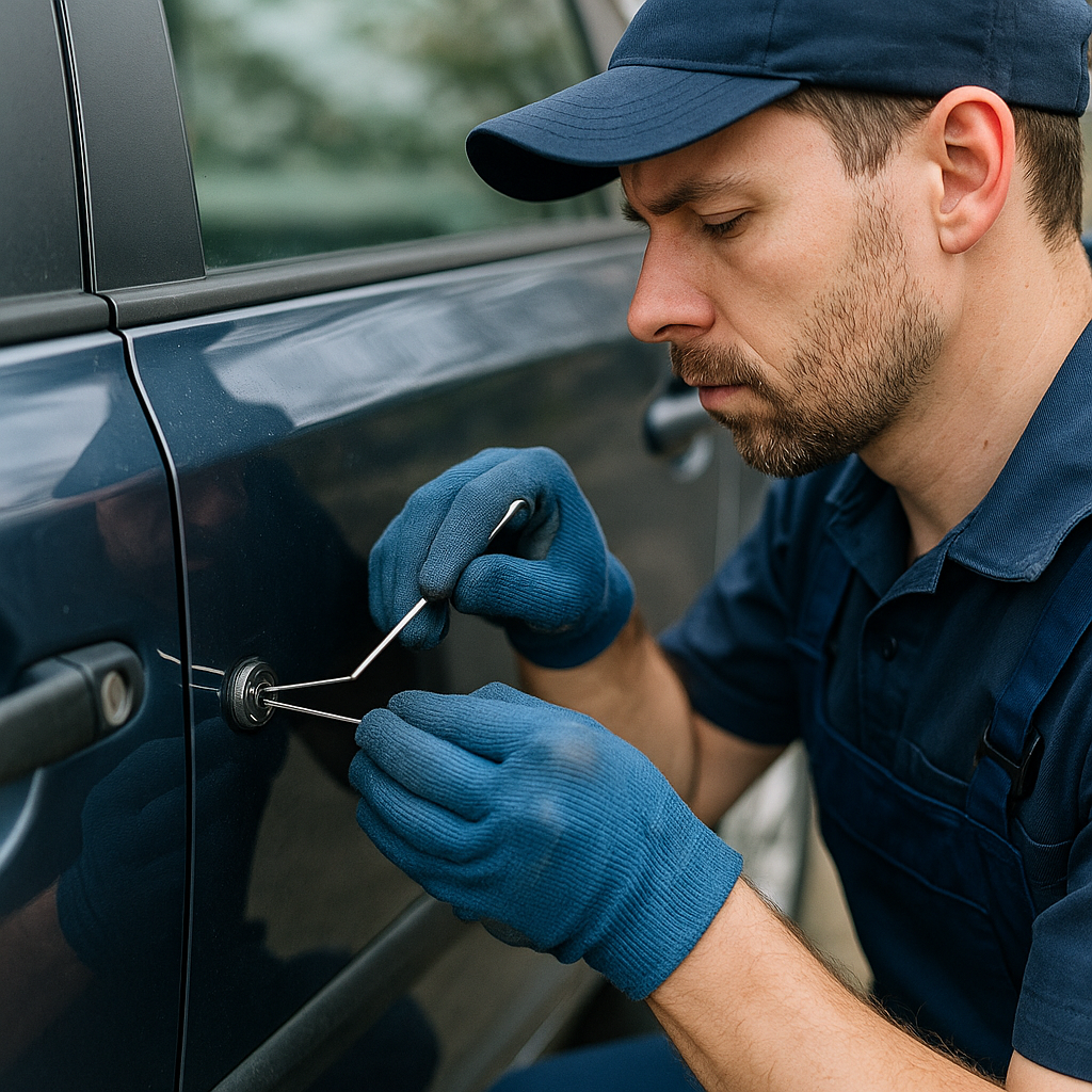 Ein Fachmitarbeiter des Schlüsseldienstes Borgholzhausen öffnet eine Autotür kontrolliert und stellt den Zugang zum Fahrzeug wieder her.