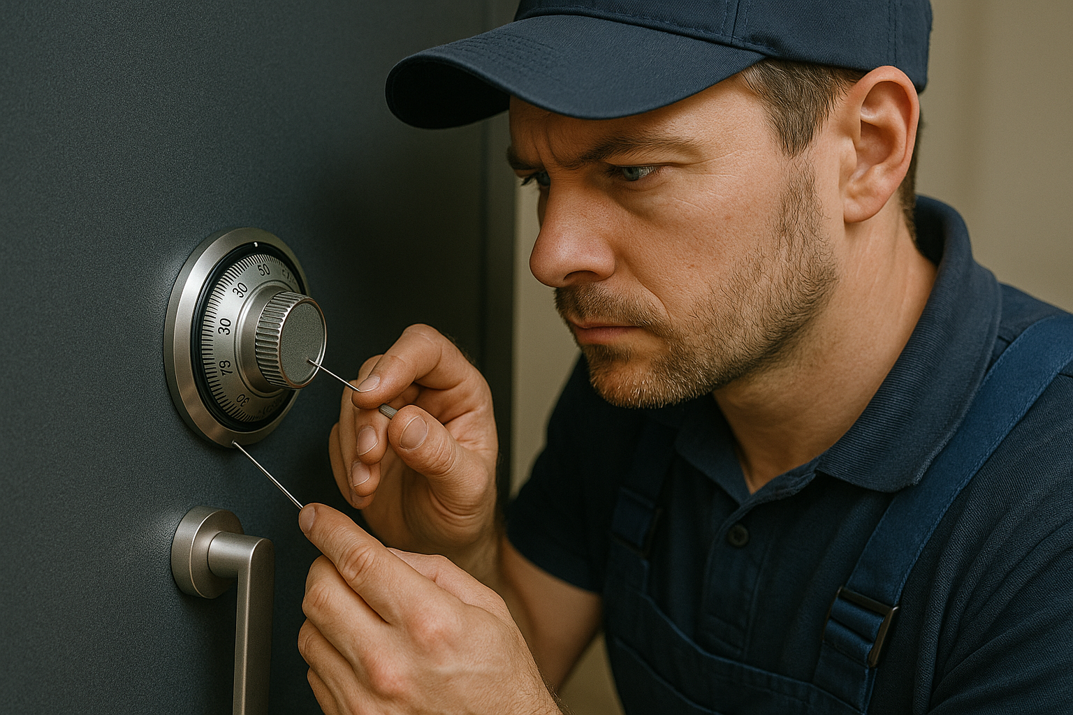 Ein Techniker des Schlüsseldienstes Borgholzhausen arbeitet sorgfältig an einem Tresor und stellt den kontrollierten Zugang wieder her.